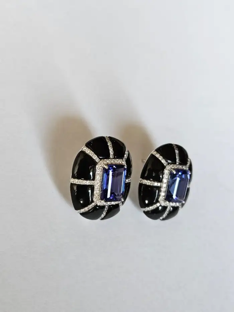 9.24 Ct. Natural Tanzanite Stud Earrings - 18k White Gold Handmade Earrings - Gold Diamond Women Earrings - Black Onyx Earrings