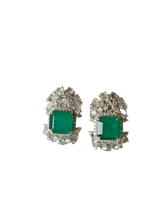 18k White Gold Handmade Minimalist Earrings - Natural Zambian Emerald Diamond Tiny Stud Earrings