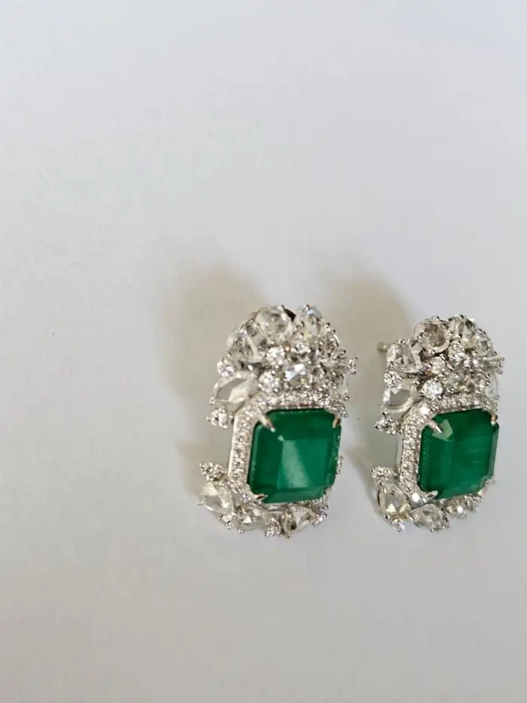 18k White Gold Handmade Minimalist Earrings - Natural Zambian Emerald Diamond Tiny Stud Earrings