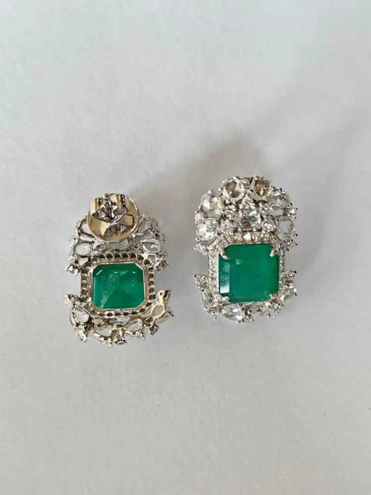 18k White Gold Handmade Minimalist Earrings - Natural Zambian Emerald Diamond Tiny Stud Earrings