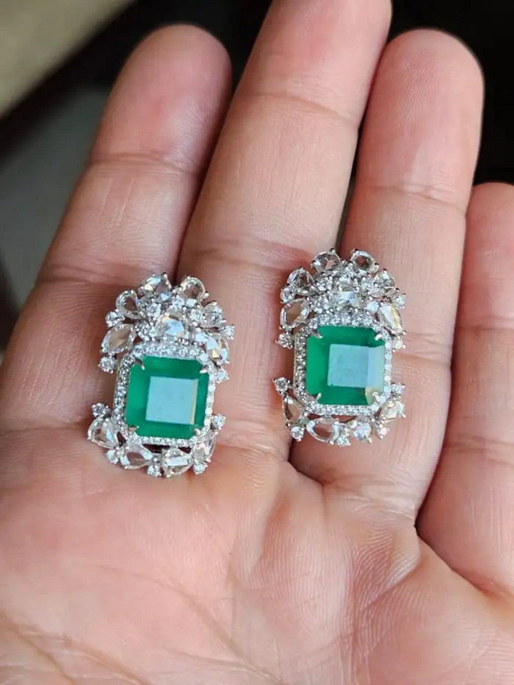 18k White Gold Handmade Minimalist Earrings - Natural Zambian Emerald Diamond Tiny Stud Earrings