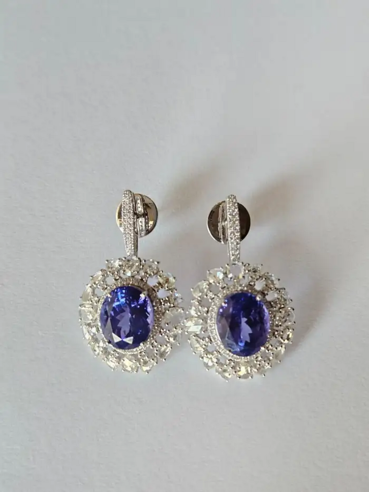 Natural Tanzanite & Diamond Earrings - 18k White Gold Handmade Dangle Women Earrings