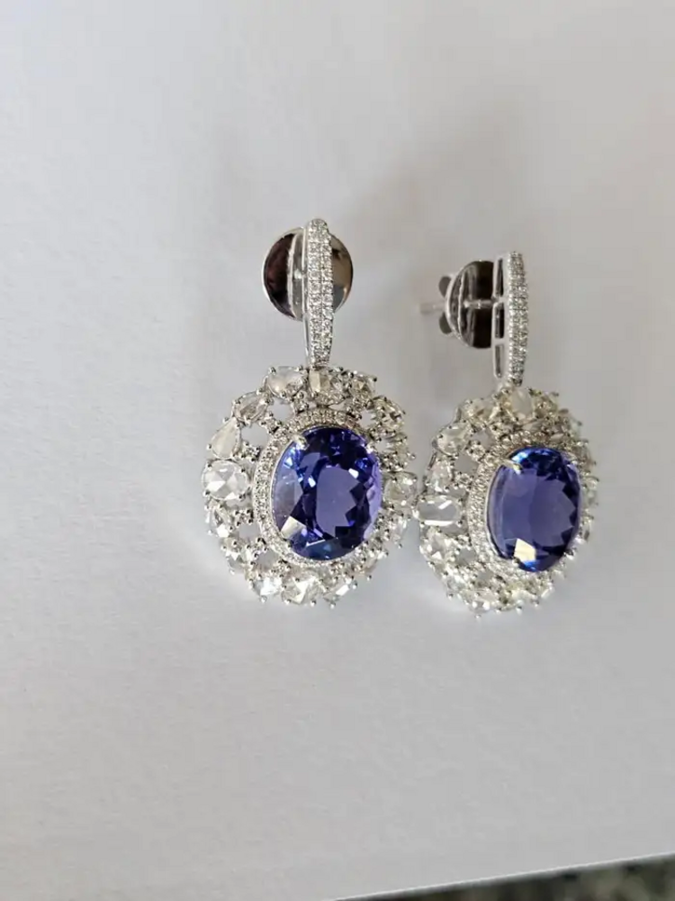Natural Tanzanite & Diamond Earrings - 18k White Gold Handmade Dangle Women Earrings