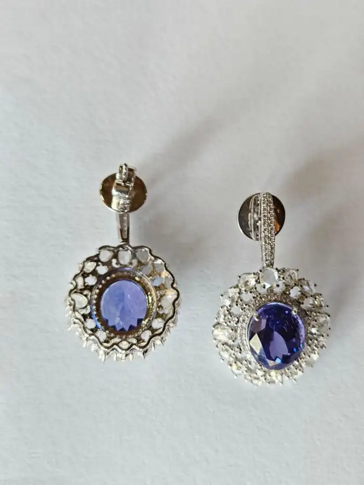 Natural Tanzanite & Diamond Earrings - 18k White Gold Handmade Dangle Women Earrings