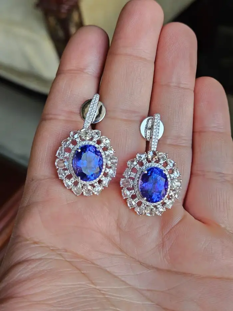 Natural Tanzanite & Diamond Earrings - 18k White Gold Handmade Dangle Women Earrings