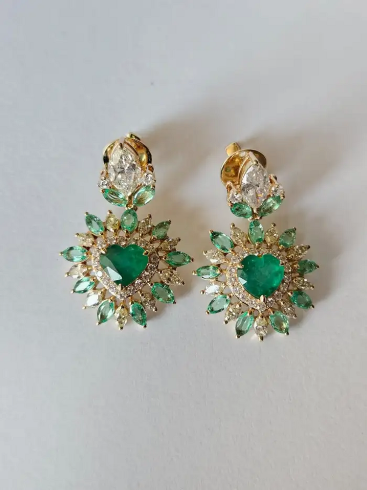 18k Yellow Gold Handmade Dangle Earrings - Natural Zambian Emerald & Yellow Diamond Women Earrings