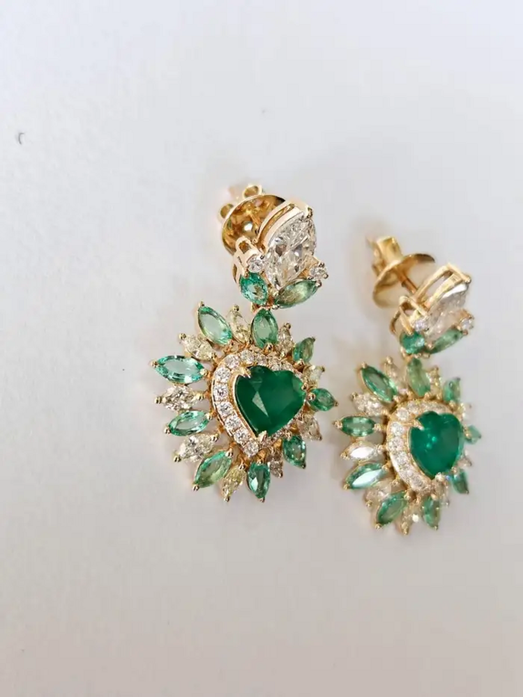 18k Yellow Gold Handmade Dangle Earrings - Natural Zambian Emerald & Yellow Diamond Women Earrings