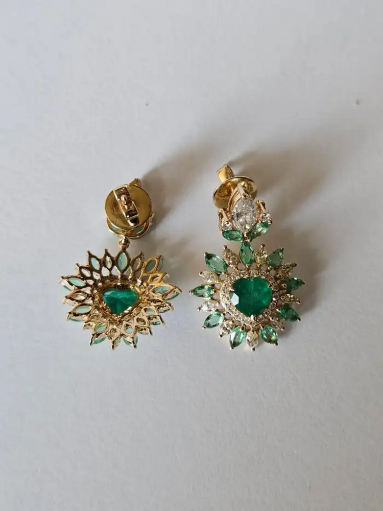 18k Yellow Gold Handmade Dangle Earrings - Natural Zambian Emerald & Yellow Diamond Women Earrings