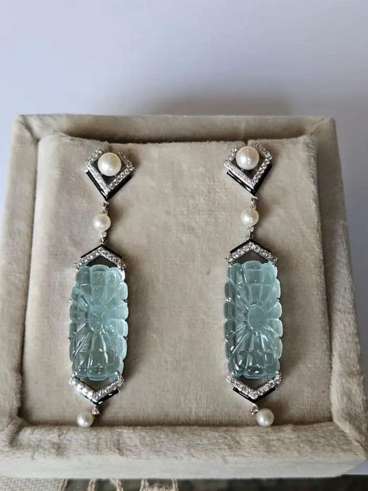 Handmade 18k White Gold Dangle Earrings - Natural Diamond & Carved Aquamarine Gemstone Earrings - Freshwater Pearl, Black Enamel Earrings