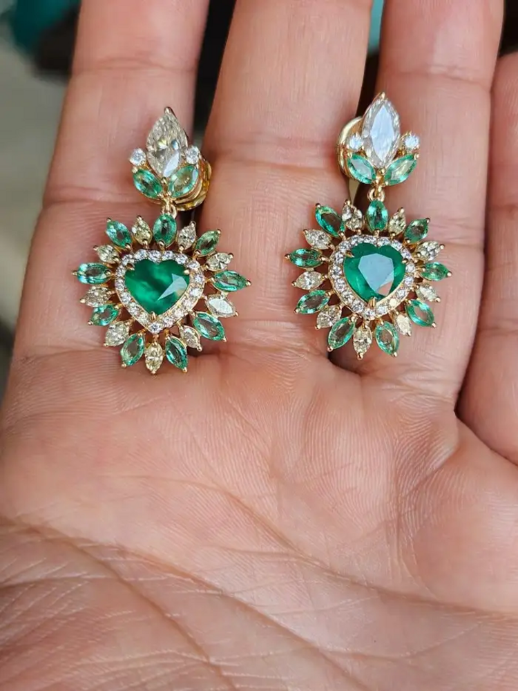 18k Yellow Gold Handmade Dangle Earrings - Natural Zambian Emerald & Yellow Diamond Women Earrings