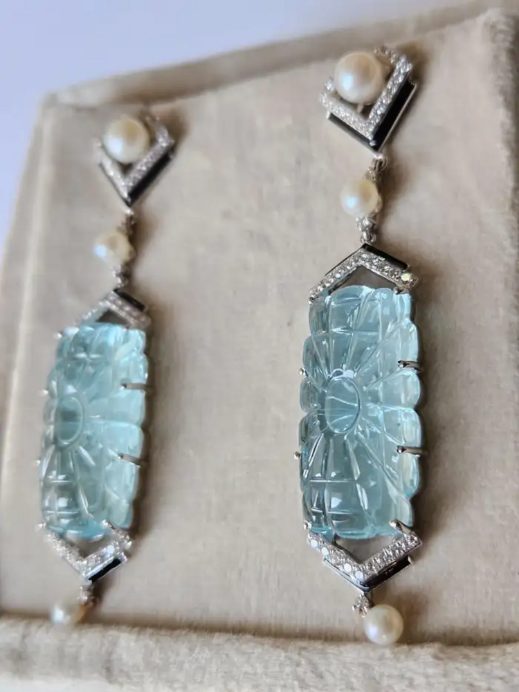 Handmade 18k White Gold Dangle Earrings - Natural Diamond & Carved Aquamarine Gemstone Earrings - Freshwater Pearl, Black Enamel Earrings