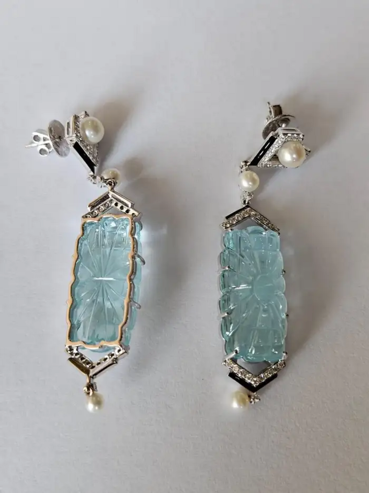 Handmade 18k White Gold Dangle Earrings - Natural Diamond & Carved Aquamarine Gemstone Earrings - Freshwater Pearl, Black Enamel Earrings