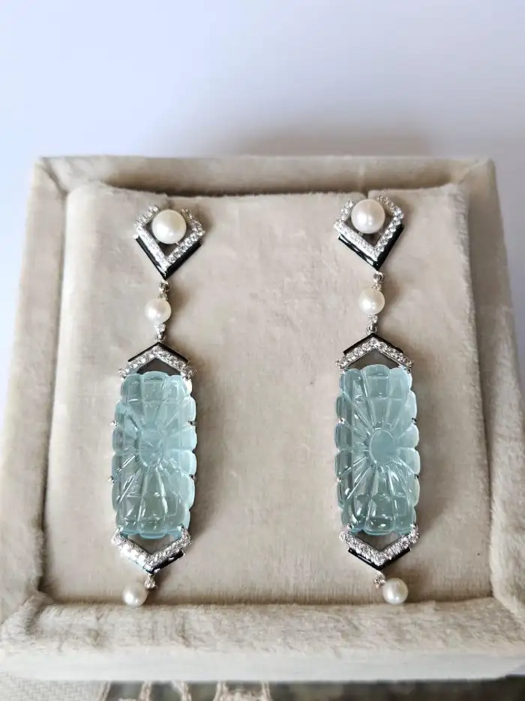 Handmade 18k White Gold Dangle Earrings - Natural Diamond & Carved Aquamarine Gemstone Earrings - Freshwater Pearl, Black Enamel Earrings