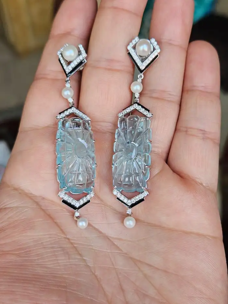 Handmade 18k White Gold Dangle Earrings - Natural Diamond & Carved Aquamarine Gemstone Earrings - Freshwater Pearl, Black Enamel Earrings