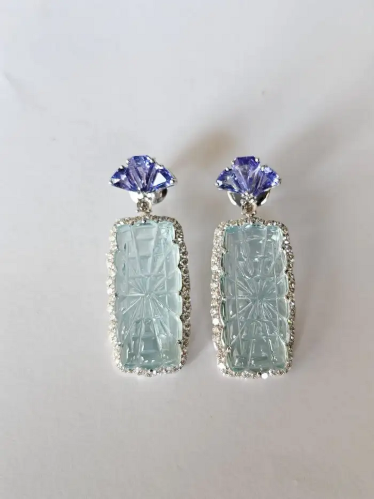 41.37 Ct. Carved Aquamarine Dangle Earrings - 18k White Gold Handmade Earrings - Trillion Cut Tanzanite Earrings