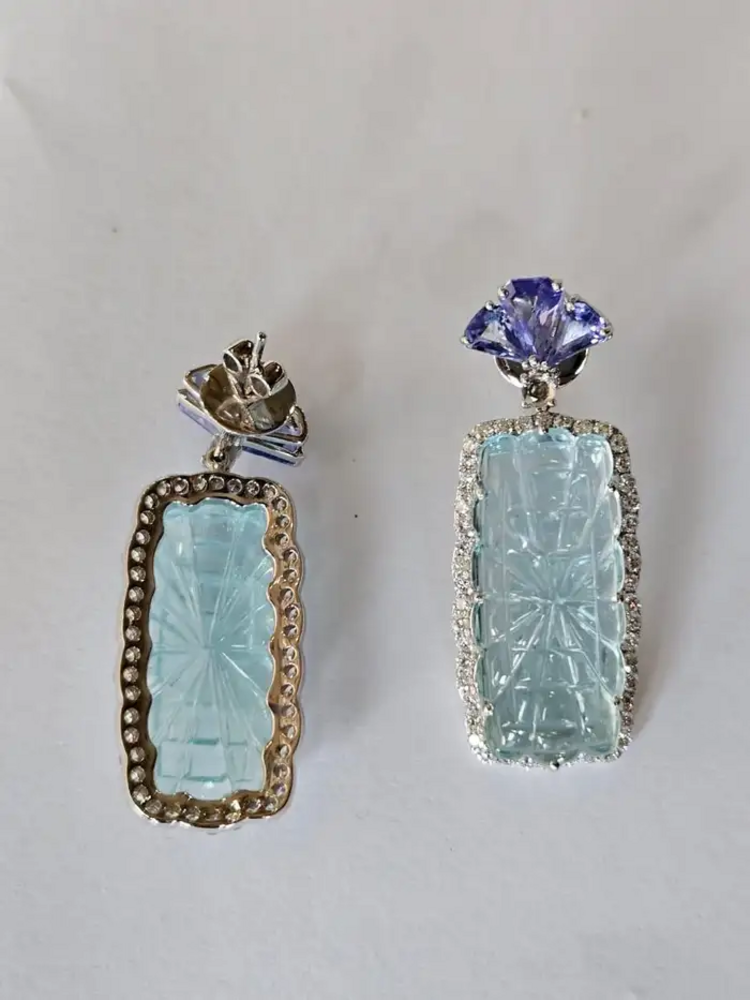 41.37 Ct. Carved Aquamarine Dangle Earrings - 18k White Gold Handmade Earrings - Trillion Cut Tanzanite Earrings