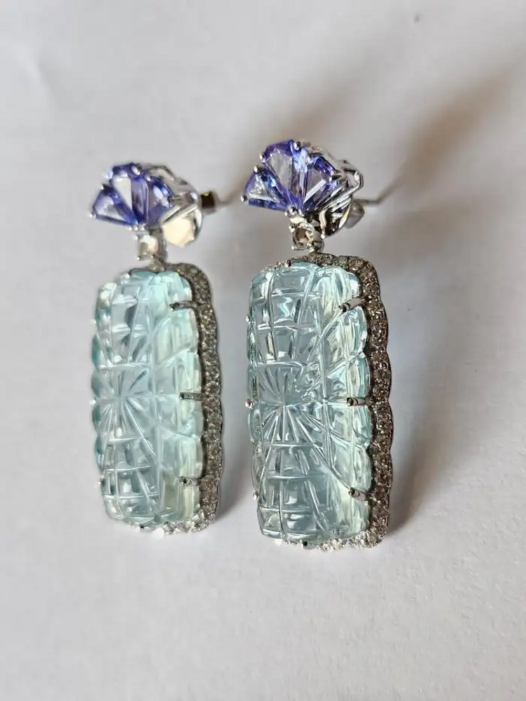 41.37 Ct. Carved Aquamarine Dangle Earrings - 18k White Gold Handmade Earrings - Trillion Cut Tanzanite Earrings