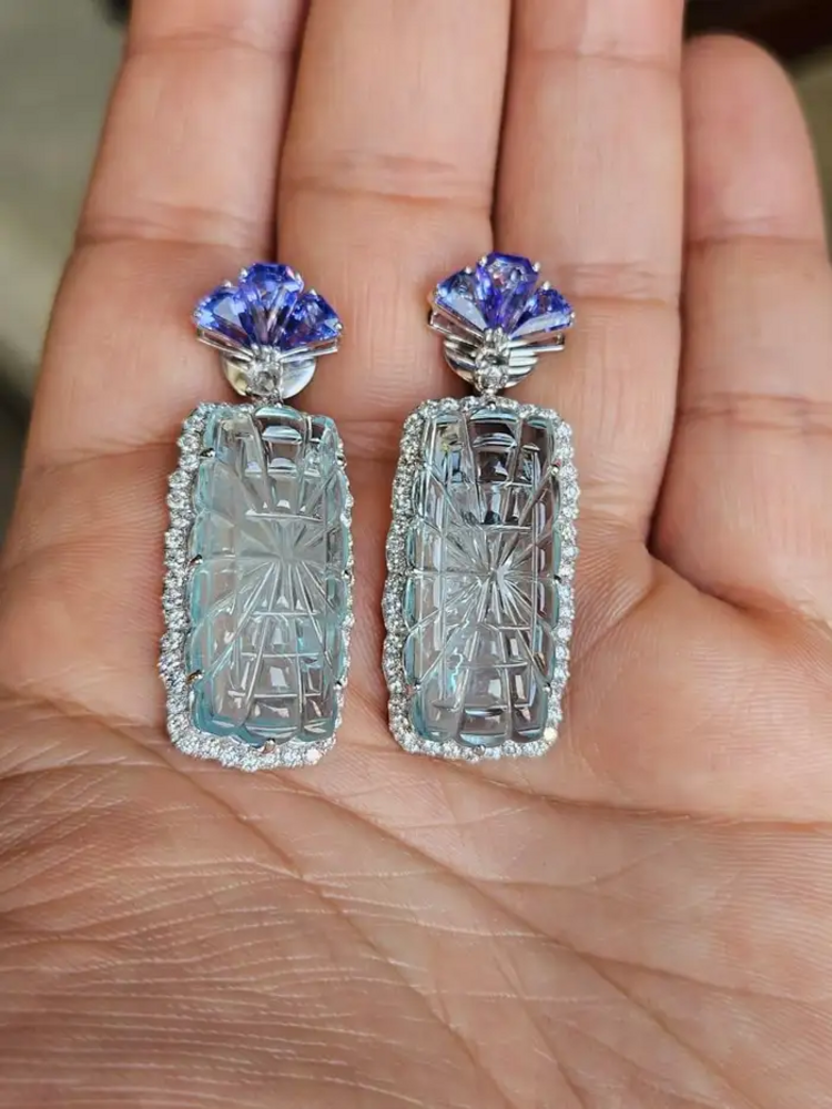41.37 Ct. Carved Aquamarine Dangle Earrings - 18k White Gold Handmade Earrings - Trillion Cut Tanzanite Earrings