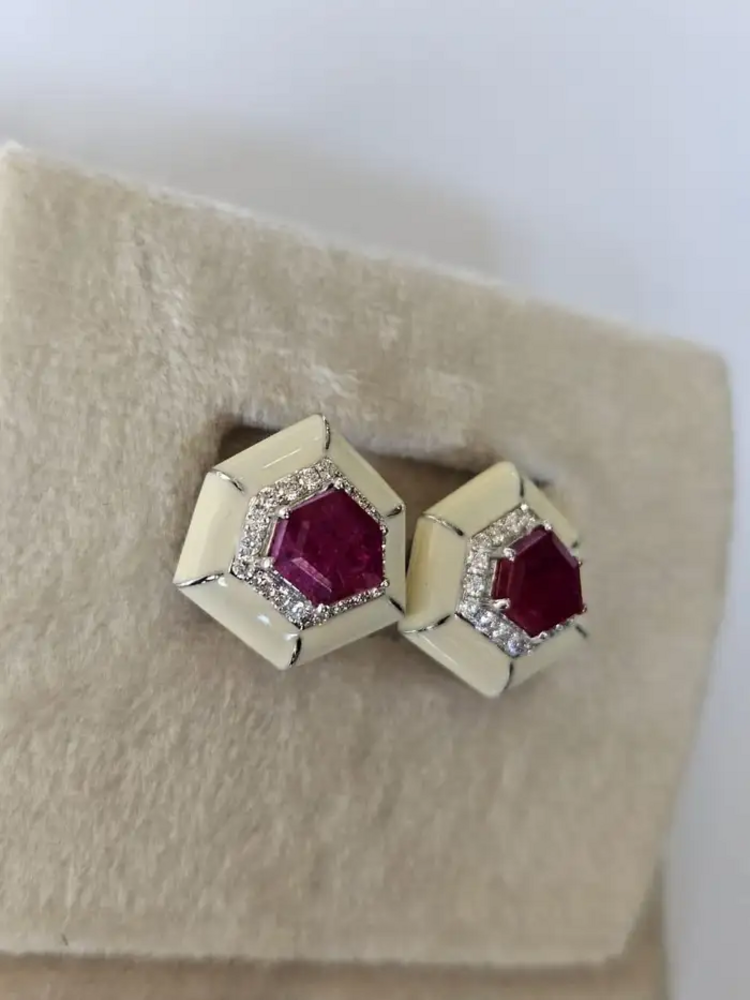 18k White Gold Handmade Minimalist Stud Earrings - Natural Mozambique Ruby White Enamel Earrings - Gold Diamond Earrings