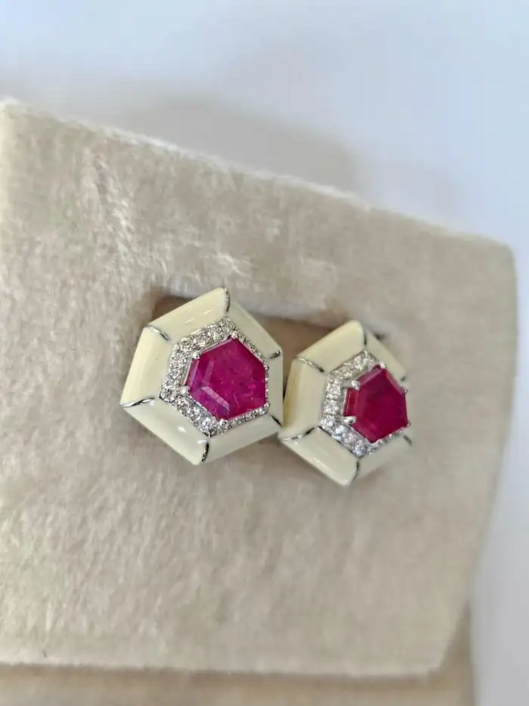 18k White Gold Handmade Minimalist Stud Earrings - Natural Mozambique Ruby White Enamel Earrings - Gold Diamond Earrings