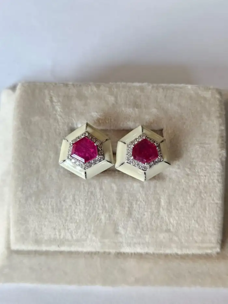 18k White Gold Handmade Minimalist Stud Earrings - Natural Mozambique Ruby White Enamel Earrings - Gold Diamond Earrings
