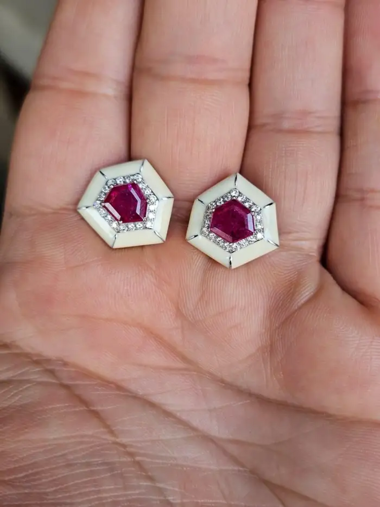 18k White Gold Handmade Minimalist Stud Earrings - Natural Mozambique Ruby White Enamel Earrings - Gold Diamond Earrings