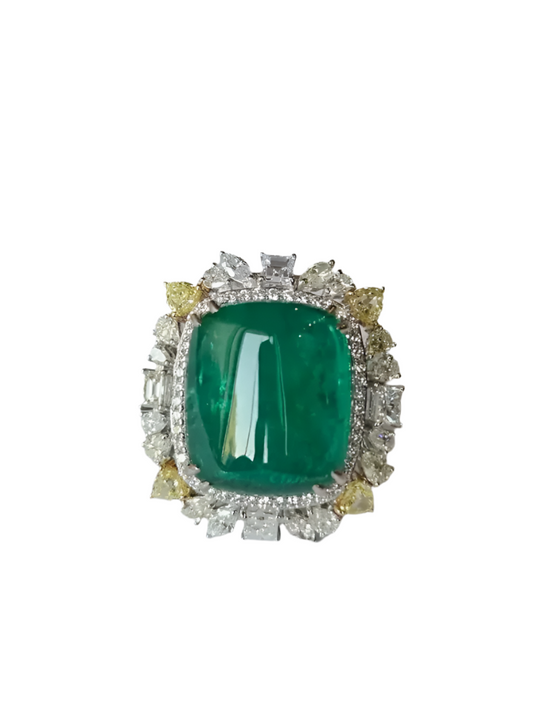 Natural 23.70 Ct. Sugarloaf Zambian Emerald Wedding Ring - 18k Gold Diamond Cocktail Ring
