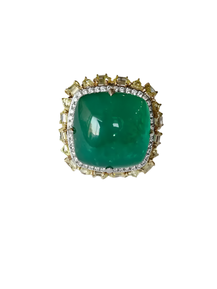18k White Gold Statement Ring With Yellow Diamond - Natural Zambian Emerald Cocktail Ring
