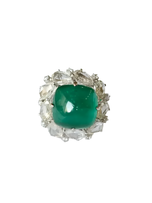 17.79 carats, natural Zambian Emerald Sugarloaf & Rose Cut Diamond Cocktail Ring