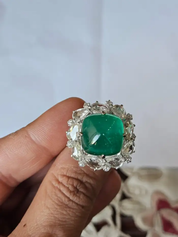 17.79 carats, natural Zambian Emerald Sugarloaf & Rose Cut Diamond Cocktail Ring