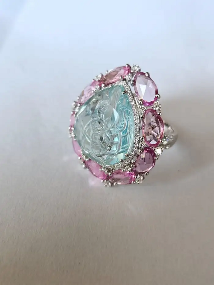 Carved Aquamarine & Pink Sapphire Gemstone Handmade Ring - Solid 18k White Gold Diamond Statement Ring