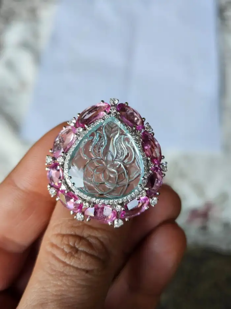 Carved Aquamarine & Pink Sapphire Gemstone Handmade Ring - Solid 18k White Gold Diamond Statement Ring