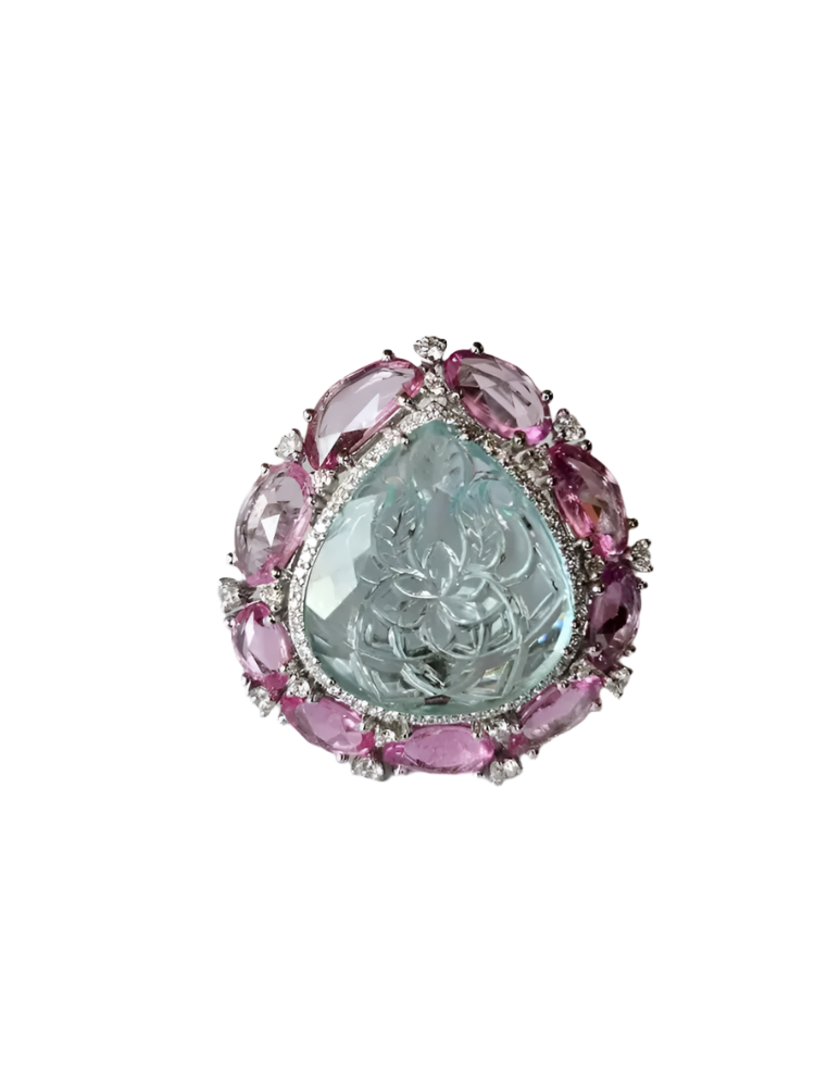 Carved Aquamarine & Pink Sapphire Gemstone Handmade Ring - Solid 18k White Gold Diamond Statement Ring