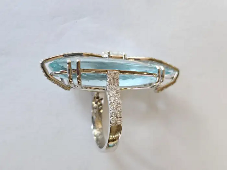 30.03 Ct Pear Shape Aquamarine Gold Ring - 18k White Gold Rose Cut Diamond Ring