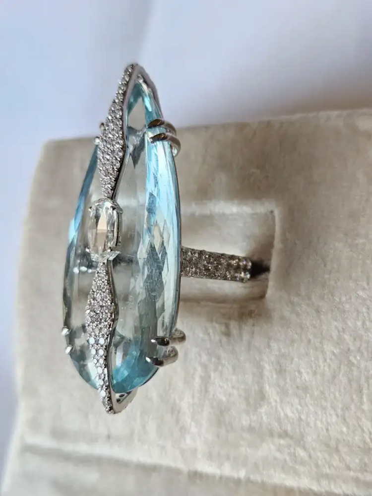 30.03 Ct Pear Shape Aquamarine Gold Ring - 18k White Gold Rose Cut Diamond Ring