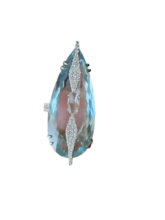 30.03 Ct Pear Shape Aquamarine Gold Ring - 18k White Gold Rose Cut Diamond Ring