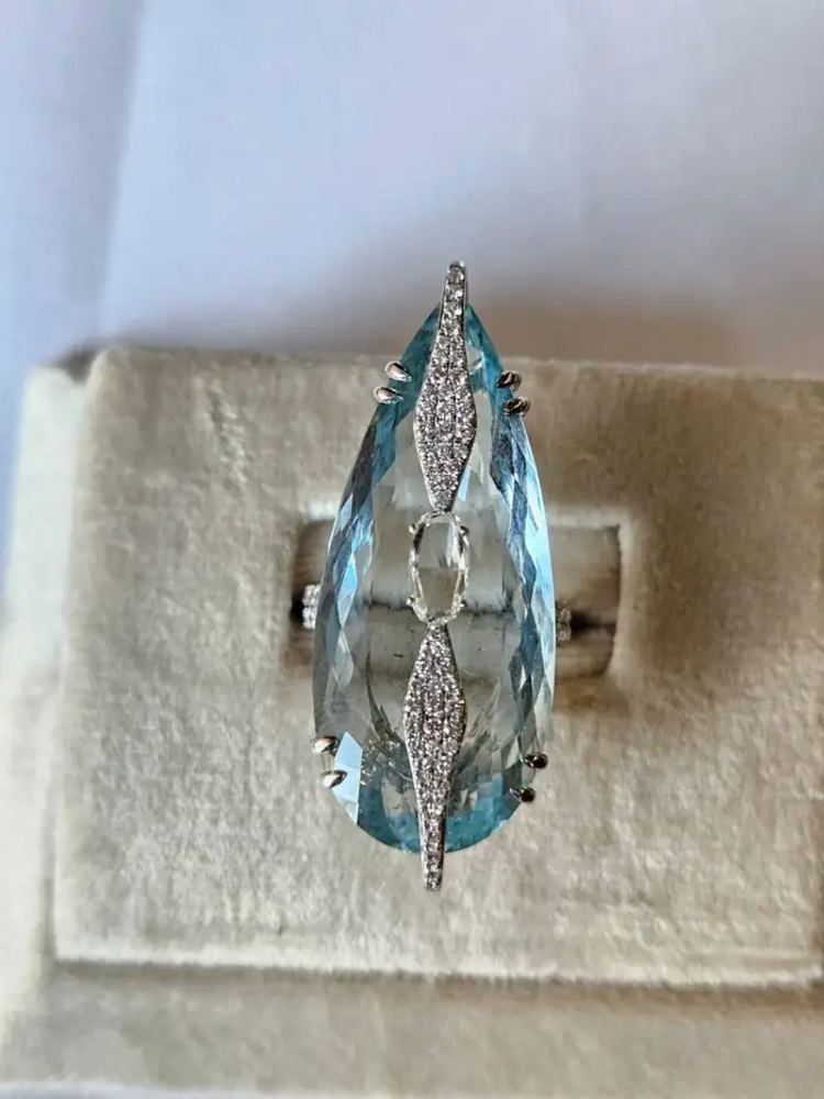 30.03 Ct Pear Shape Aquamarine Gold Ring - 18k White Gold Rose Cut Diamond Ring