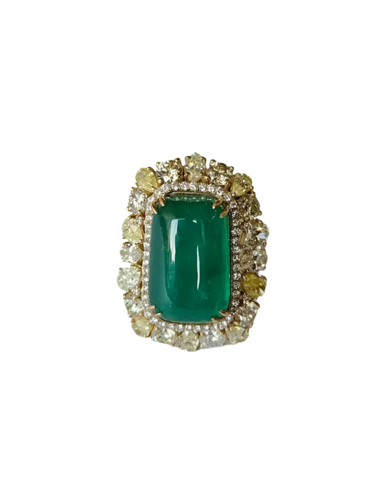 Zambian Emerald Cocktail Ring - 18k Yellow Gold Handmade Ring - Gold Yellow Diamond Wedding Ring