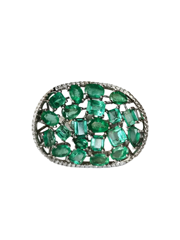 Solid 18k White Gold Diamond Ring - Natural Zambian Emerald Statement Ring