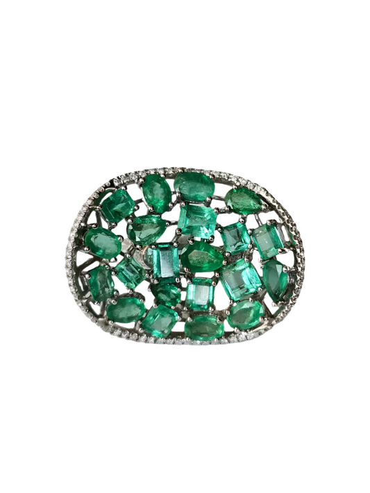 Solid 18k White Gold Diamond Ring - Natural Zambian Emerald Statement Ring