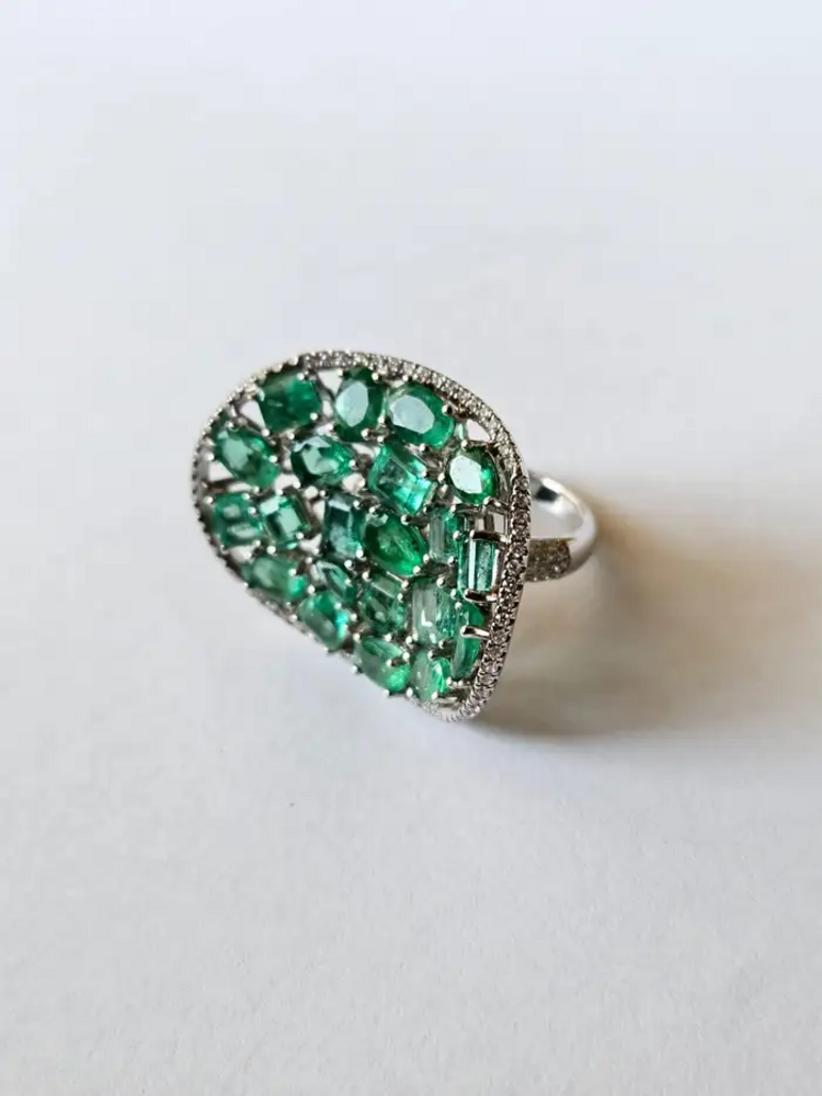 Solid 18k White Gold Diamond Ring - Natural Zambian Emerald Statement Ring