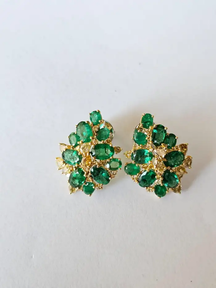 Natural Zambian Emerald Stud Earrings - 18k Yellow Gold Handmade Diamond Earrings