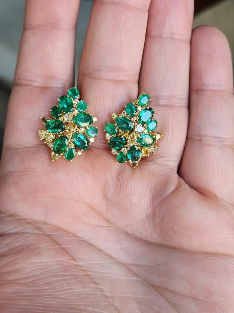 Natural Zambian Emerald Stud Earrings - 18k Yellow Gold Handmade Diamond Earrings