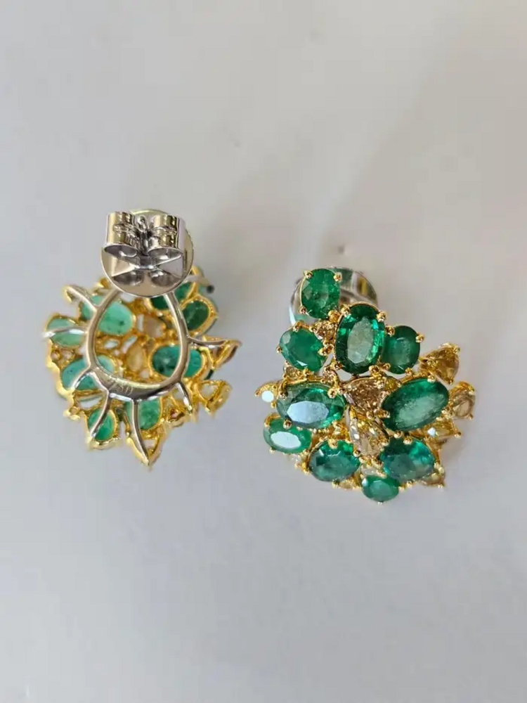 Natural Zambian Emerald Stud Earrings - 18k Yellow Gold Handmade Diamond Earrings