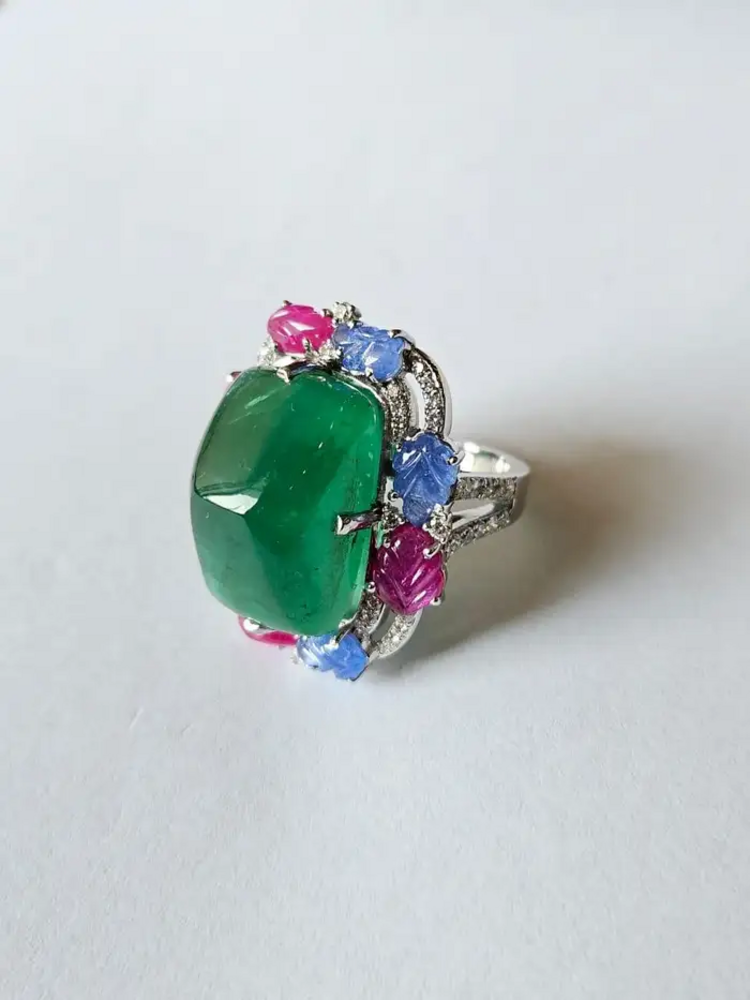 Natural Sugarloaf Emerald & Diamond Ring - 18k White Gold Cocktail Ring - Carved Blue Sapphire & Ruby Wedding Ring