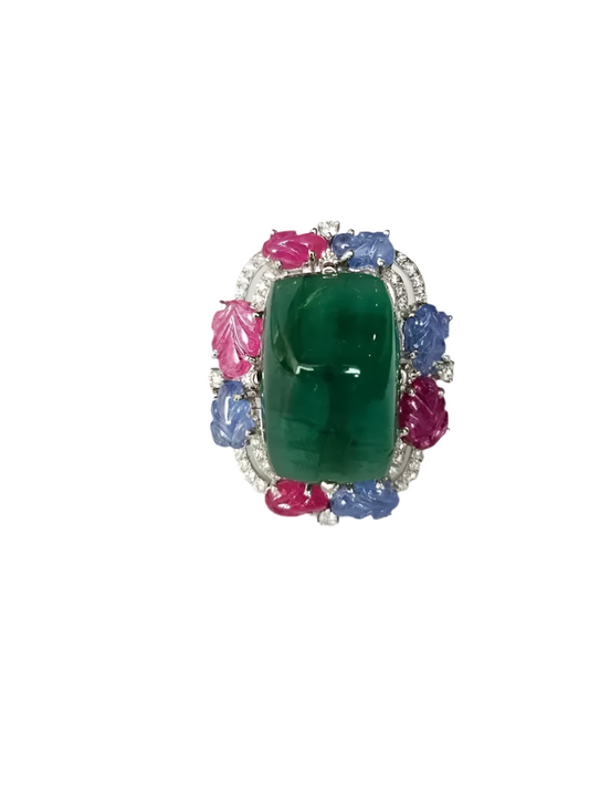 Natural Sugarloaf Emerald & Diamond Ring - 18k White Gold Cocktail Ring - Carved Blue Sapphire & Ruby Wedding Ring