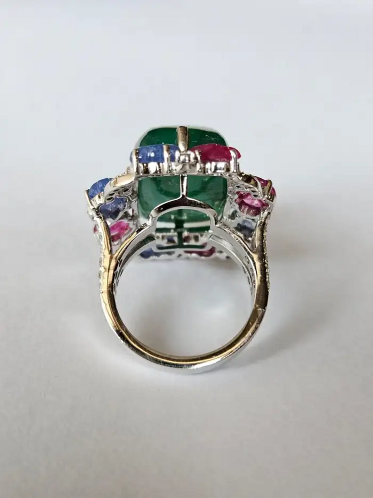 Natural Sugarloaf Emerald & Diamond Ring - 18k White Gold Cocktail Ring - Carved Blue Sapphire & Ruby Wedding Ring