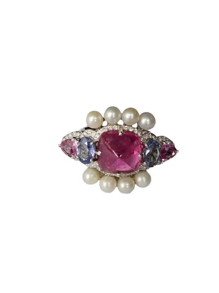 18k White Gold Tourmaline Gemstone Ring - Natural Diamond, Multi Sapphire & Fresh Water Pearl Ring