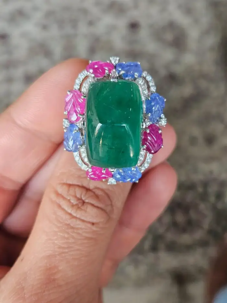 Natural Sugarloaf Emerald & Diamond Ring - 18k White Gold Cocktail Ring - Carved Blue Sapphire & Ruby Wedding Ring