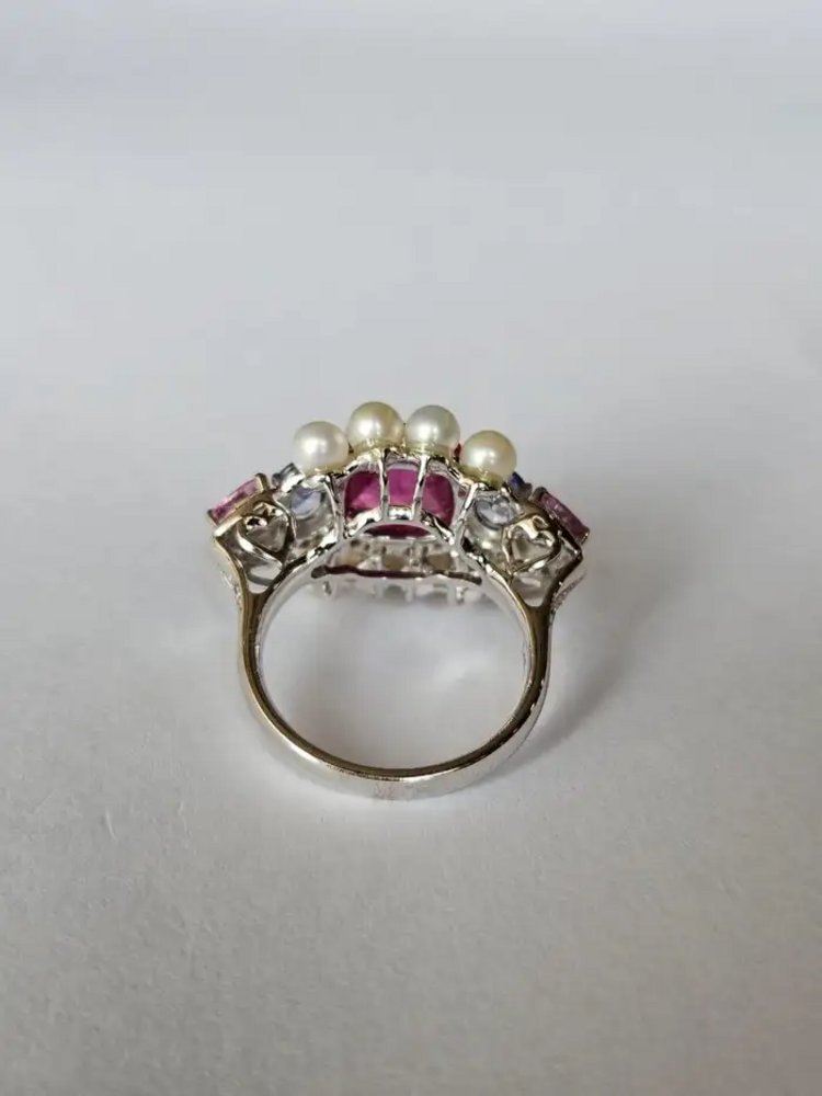 18k White Gold Tourmaline Gemstone Ring - Natural Diamond, Multi Sapphire & Fresh Water Pearl Ring